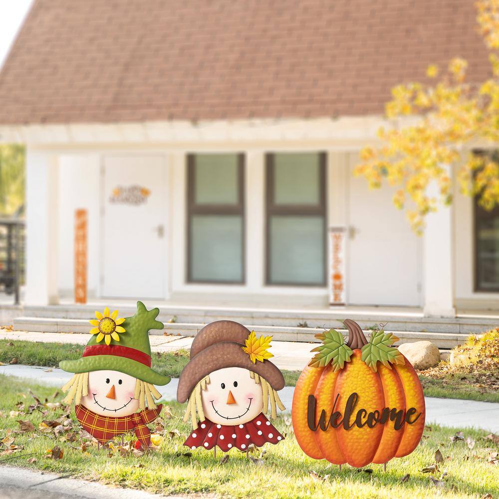 46 in. H Fall Metal Stacked Scarecrow and Pumpkin Yard Stake - Hercitys