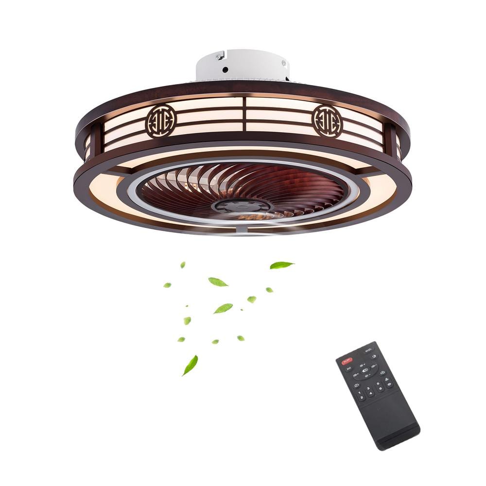20 in. Integrated LED Indoor Reddish Brown Chinese Style Caged Low Profile Ceiling Fan with Remote and Reversible Motor - Hercitys