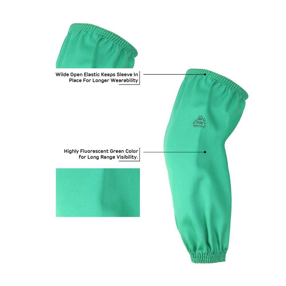 21 in. Extra Long High Visibility Green Flame-Resistant Cotton Welding Sleeves, FR Sleeves with Open Elastic - Hercitys