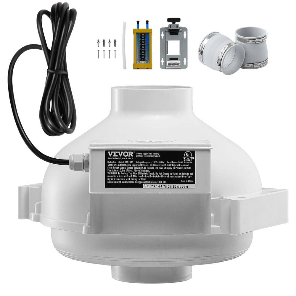 4-3.5 in. Radon Fan Installation Kit, Quiet 260 CFM Radon Mitigation Fan System Kit with 2-Couplers, Pressure Indicator - Hercitys