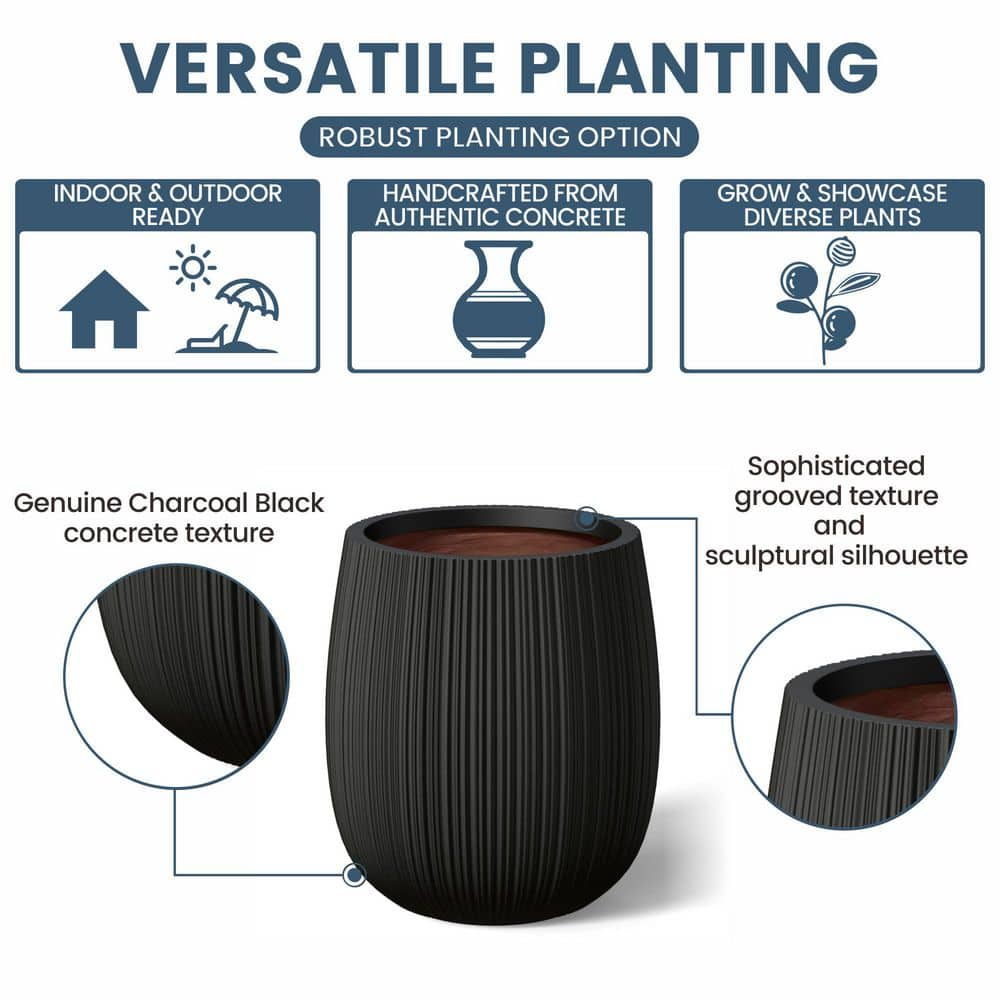13 in. Middle Charcoal Black (Premium Inner) Concrete Round Planter / Pot with Drainage Holes - Hercitys
