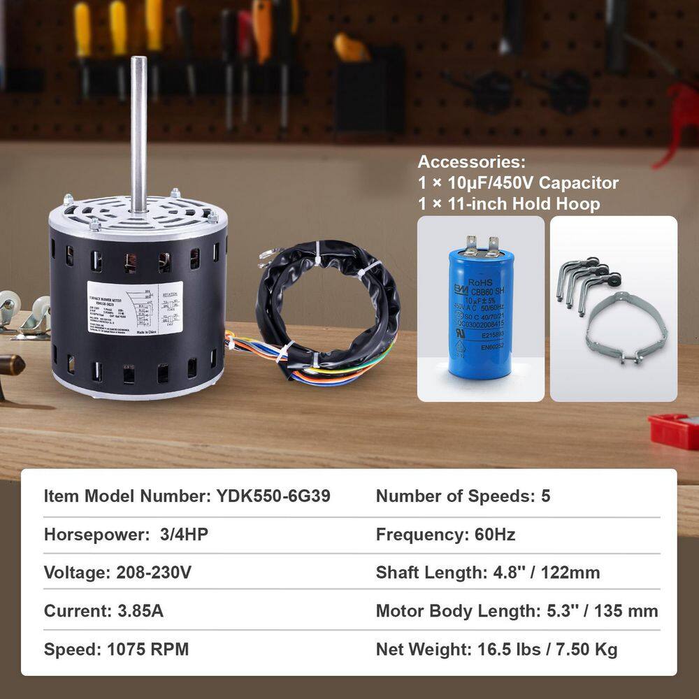 3/4HP Furnace Blower Motor, 208/230V 3.85 Amps, 1075 RPM 5-Speeds, CW/CCW Rotation, 48-Frame 4.8 in. Shaft Length - Hercitys