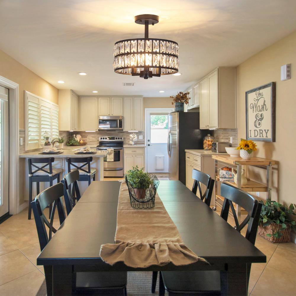 12.59 in. Koyal 3-Light Round Black Drum Chandelier Semi Flush Mount Ceiling Light with Clear Crystal Glass Drum Shade - Hercitys