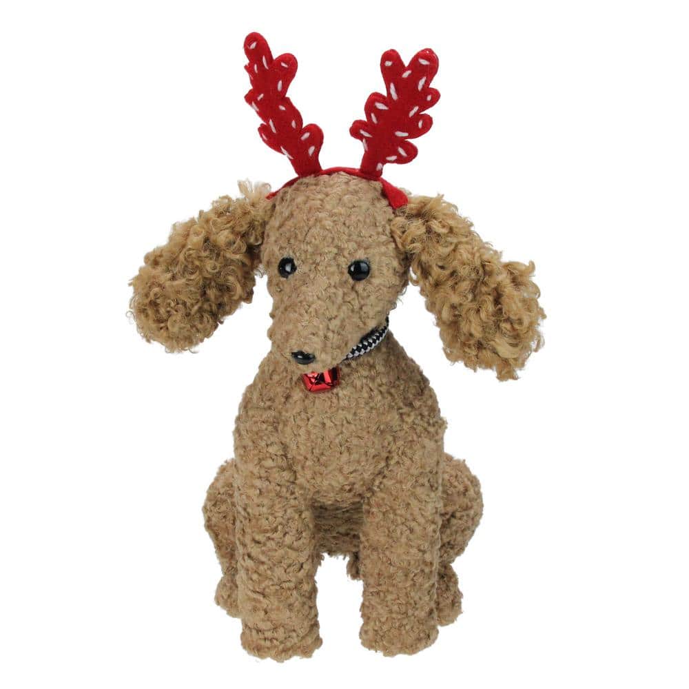 15.5 in. Plush Tan Bichon Fris Puppy Dog with Red Antlers Christmas Decoration - Hercitys