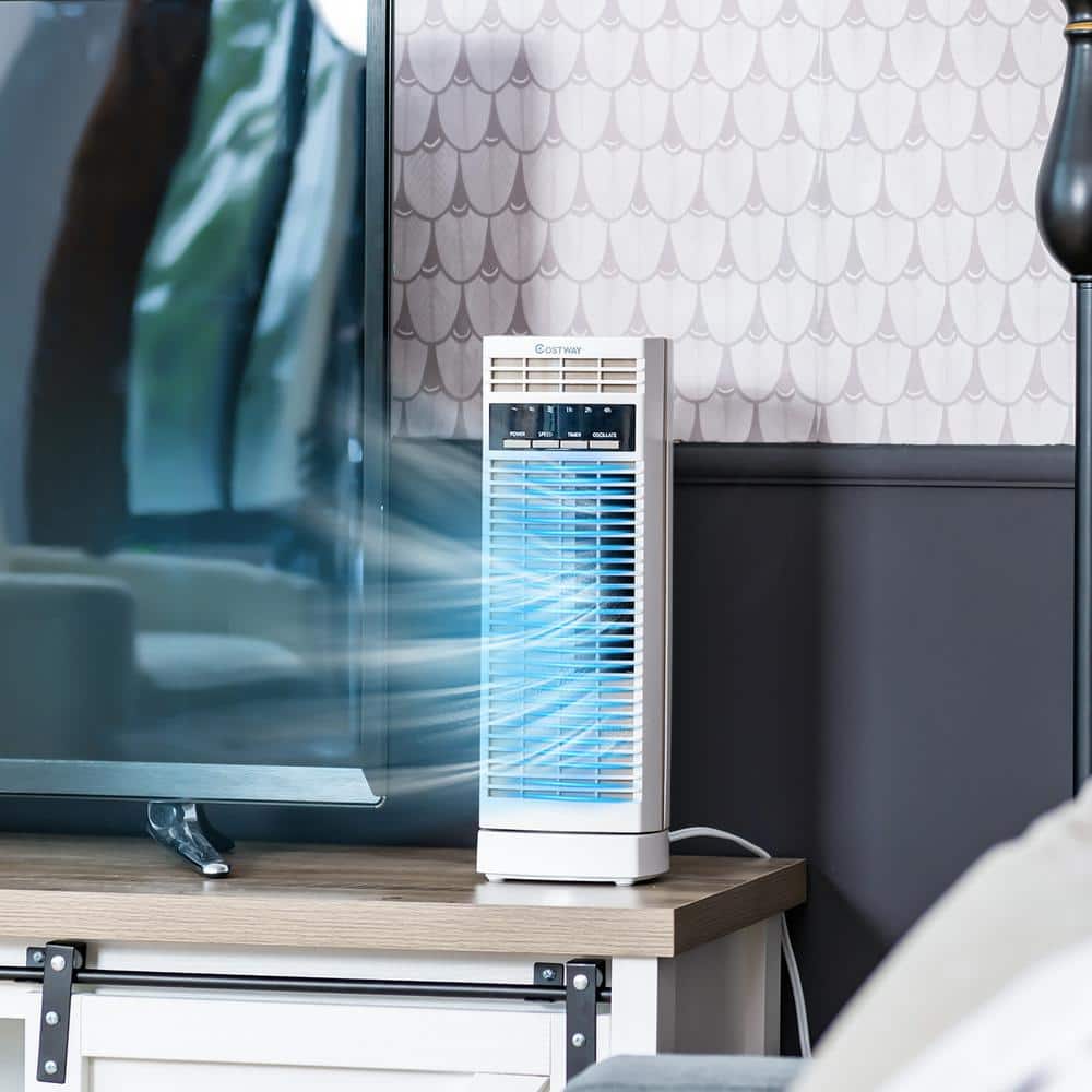 14 in. Mini Oscillating Tower Fan Electric Desk Fan with 3-Speed and Timer White - Hercitys