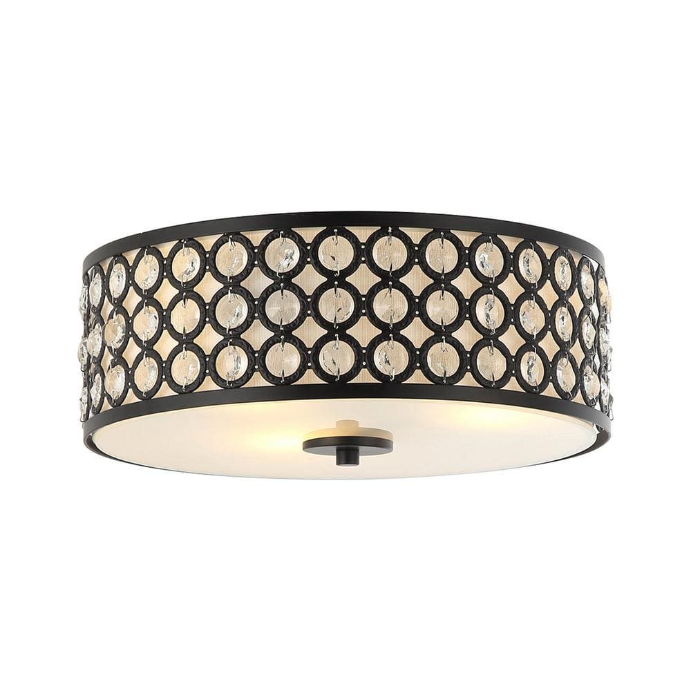 14 in. 3-Light Black Drum Flush Mount Crystal Ceiling Light with Clear Inner Shade - Hercitys