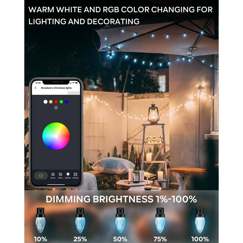 33 ft. Smart String Lights Extendable C9 DIY Color Changing APP Remote Controlled Music Timer 50 LED - Hercitys