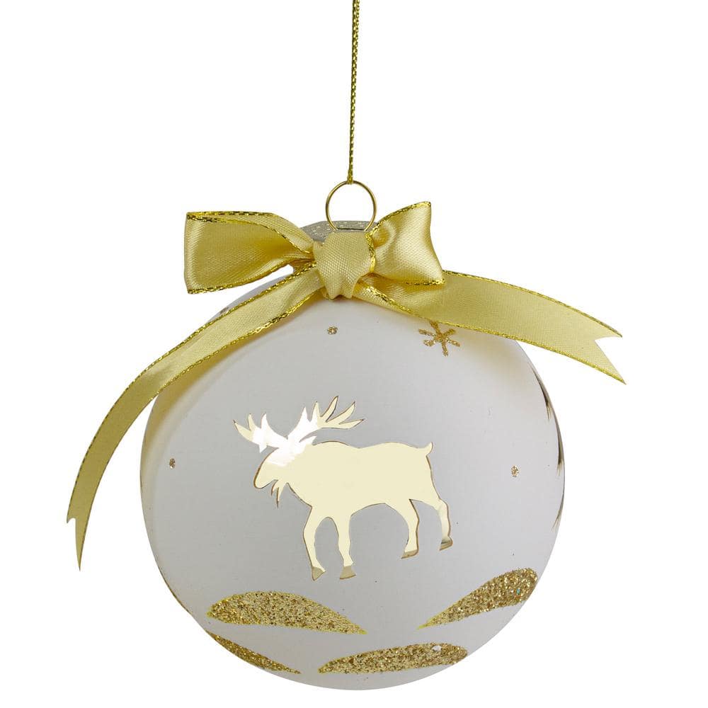 4 in. Gold and White Moose Christmas Ball Ornament - Hercitys