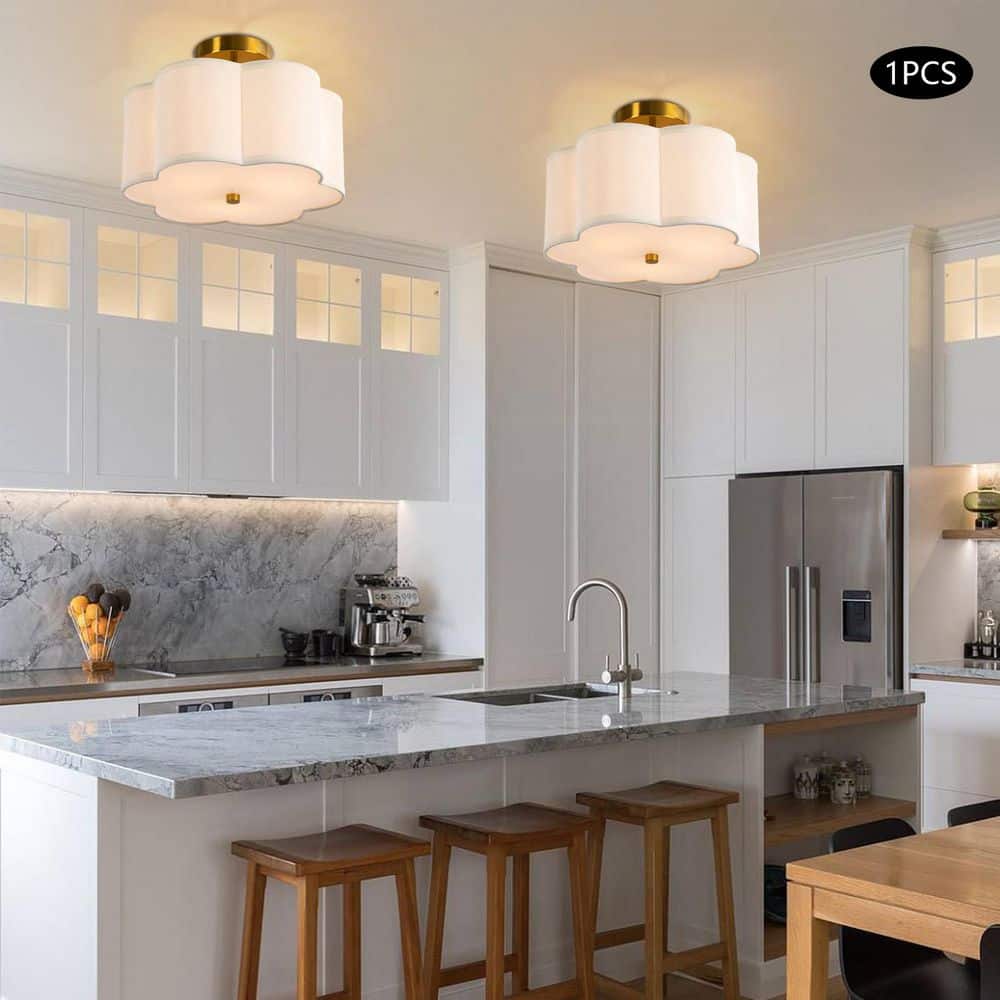 12.99 in. 3-Light Creamy White Modern Petal Shaped Semi-Flush Mount Ceiling Light with Shade and No Bulbs Included - Hercitys