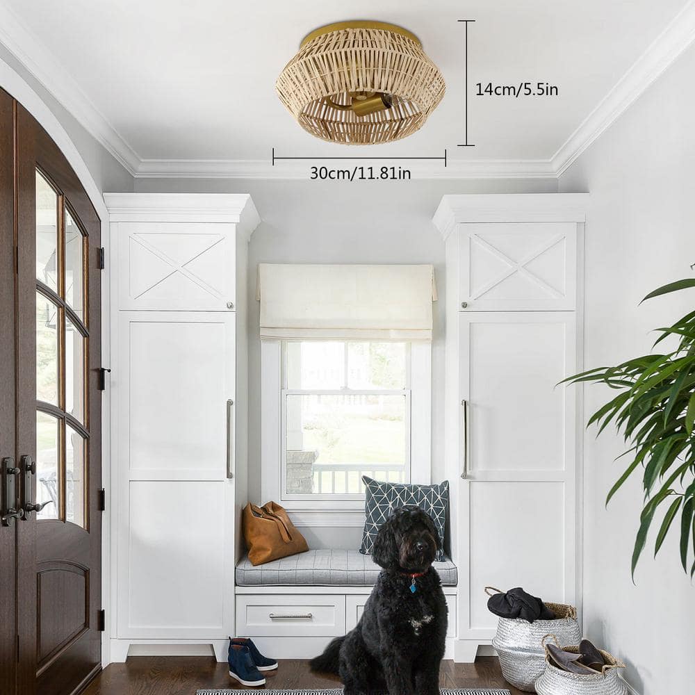 11.81 in. 2-Light Gold Farmhouse Woven Rattan Flush Mount Ceiling Light, No Bulbs Included - Hercitys