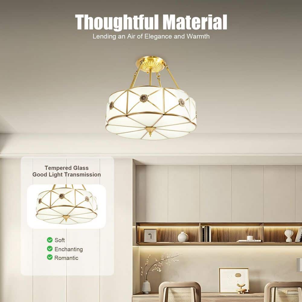 18 in. 4-Light Classical Style Gold Semi-Flush Mount Ceiling Light with Glass Lampshade - Hercitys