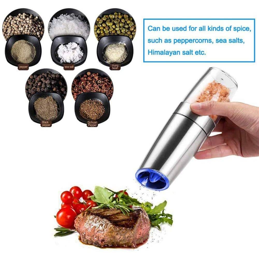 2-Pack Stainless Steel Black Gravity Electric Automatic Pepper and Salt Grinder Set; Battery Powered with LED Light - Hercitys