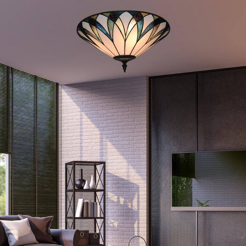 18 in. 3-Light Retro Elegant Stained Glass Flush Mount Ceiling Light - Hercitys