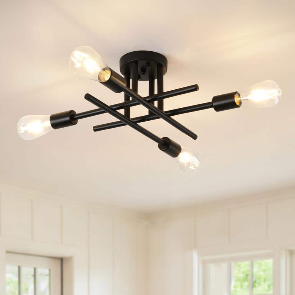 18.5 in. 4-Light Black Dimmable Sputnik Linear Chandelier Semi Flush Mount Chandelier for Living Room Dining Room Foyer - Hercitys