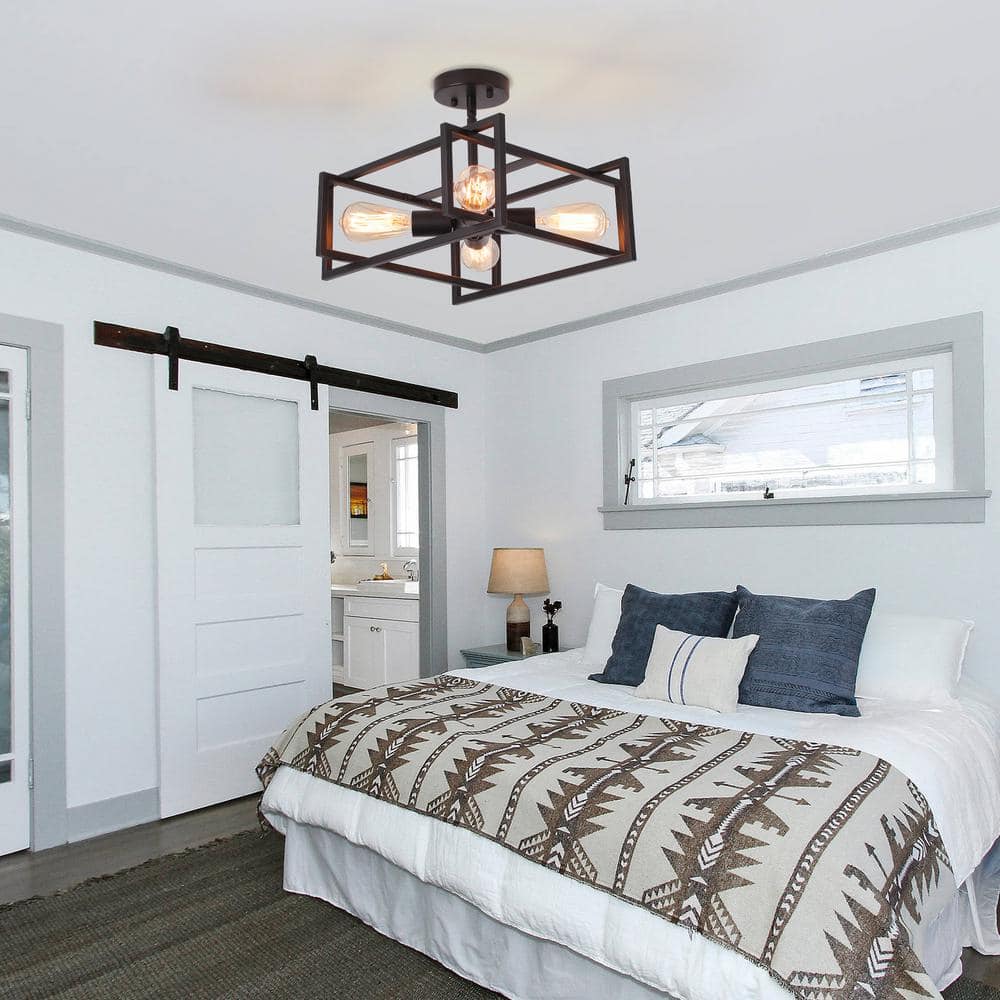 14.96 in. 4-Light Geometric Black Modern Semi-Flush Mount Ceiling Light with No Bulbs Included - Hercitys