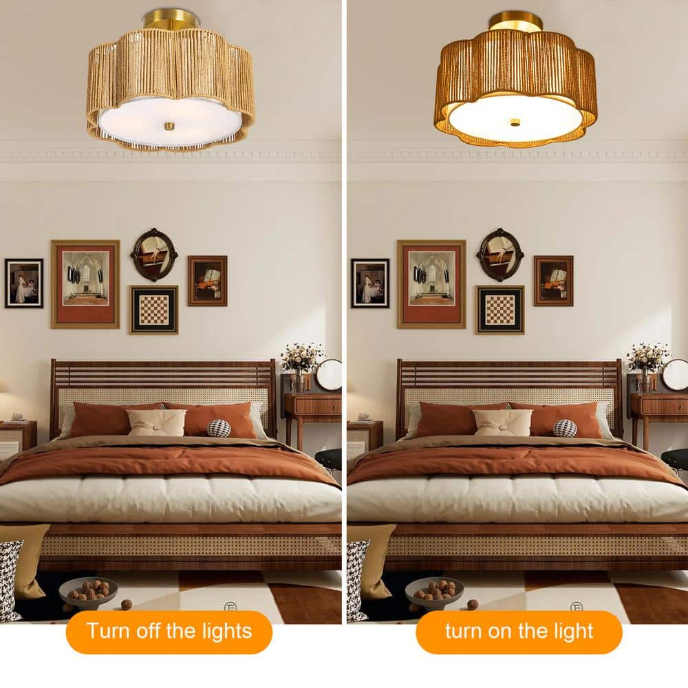 13.4 in. 3-Light Gold Rustic Semi-Flush Mount Ceiling Light with Woven Rattan Shade and No Bulbs Included - Hercitys