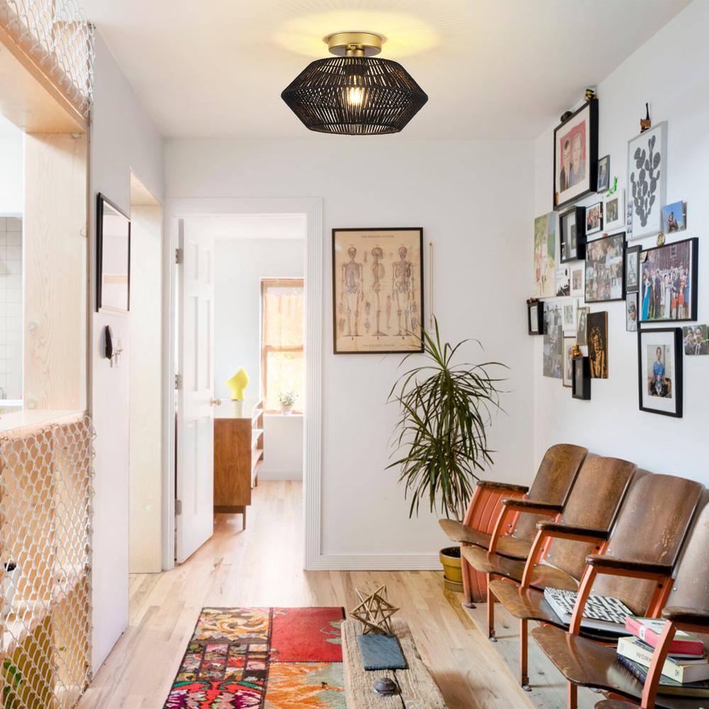 12.59 in. 1-Light Gold and Black Metal Semi-Flush Mount Light with Imitation Hemp Rope Shade and No Bulbs Included - Hercitys