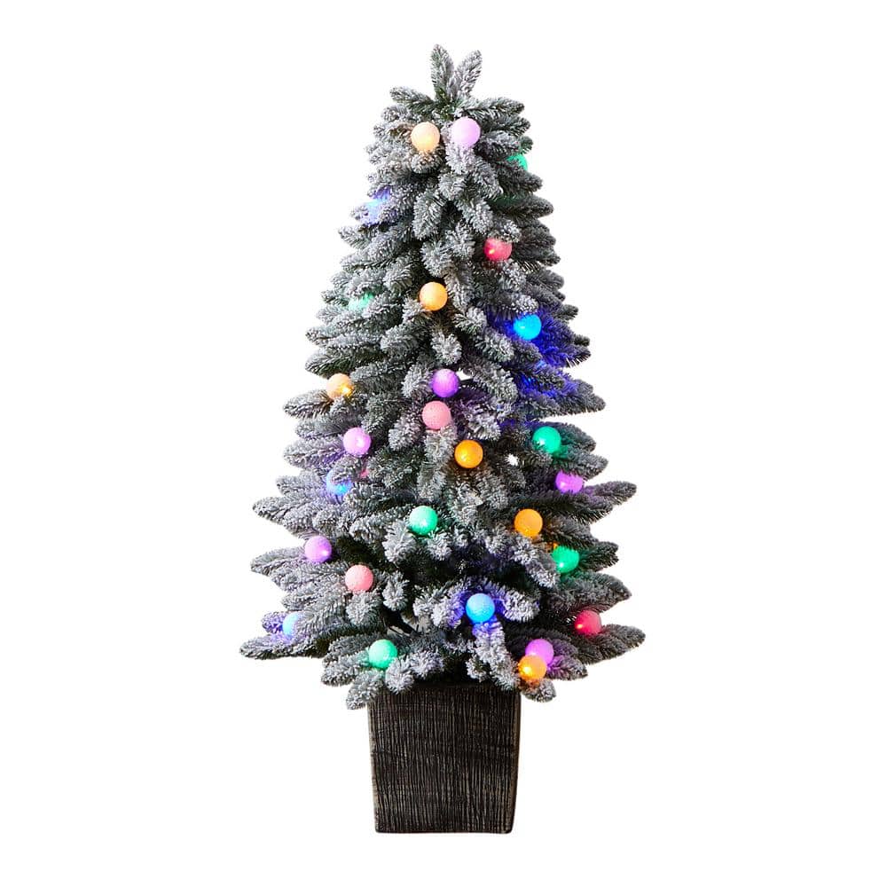 4 ft. Winter Flocked Pre-Lit Artificial Christmas Tree with 40 LED Globe Lights, 259 Bendable Branches in Planter - Hercitys