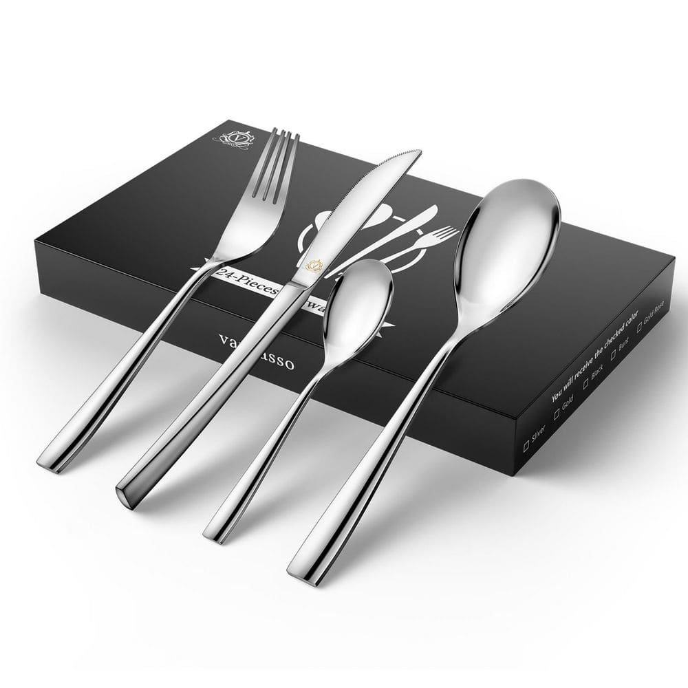 24-Piece Silver Stainless Steel Flatware Set Silverware Set Serving Set Service for 6 - Hercitys