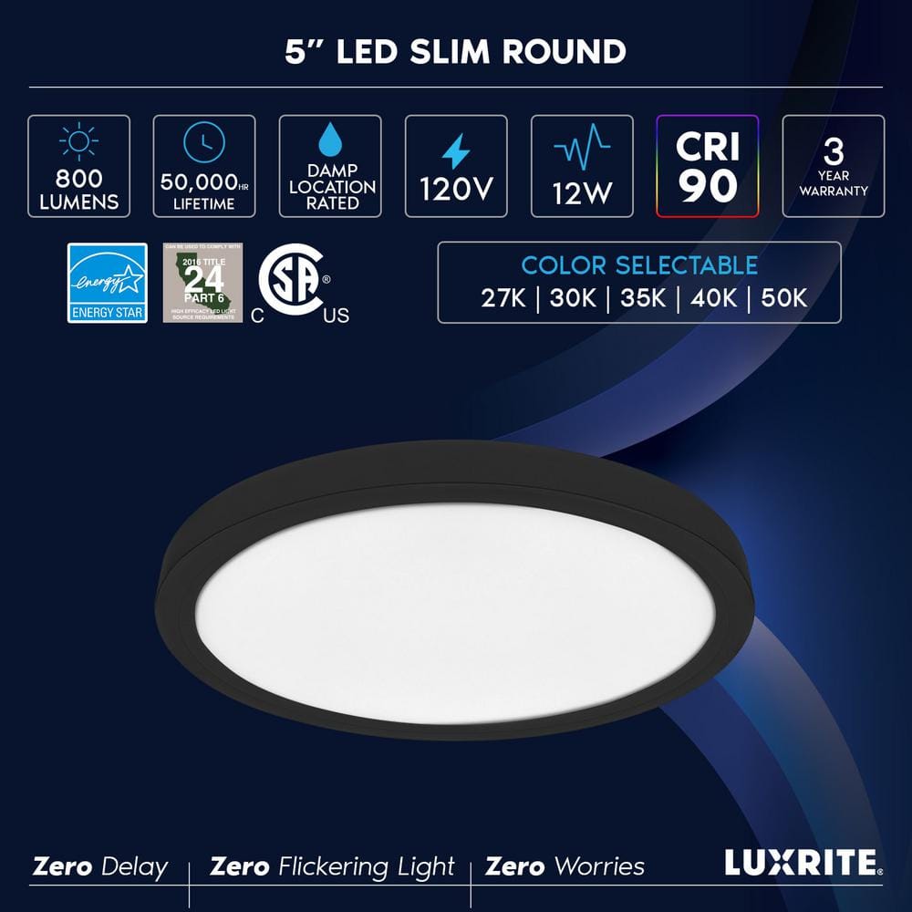 5 in. Black Modern Flush Mount Ceiling Light Fixture LED Integrated 12-Watt 800LM 5CCT 2700K-5000K Dimmable 2-Pack - Hercitys