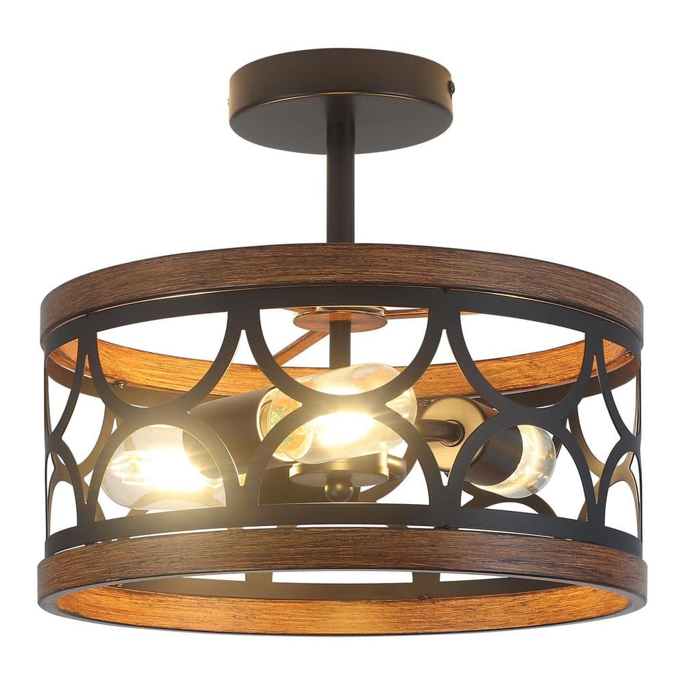 12.6 in. 3-Light Matte Black Round Drum Semi-Flush Mount with Cut-out Metal and No Bulbs Included - Hercitys