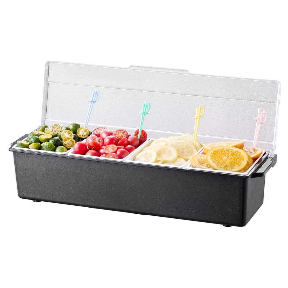 4-Compartment Ice Cooled Condiment Server, Chilled Garnish Tray with Lid, for Bartending, Taco and Salad Serving - Hercitys