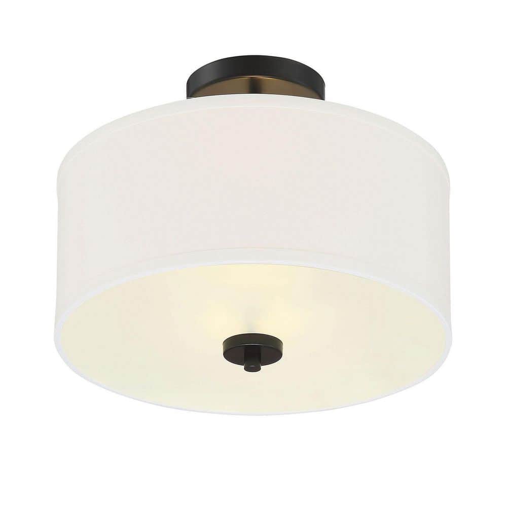 13 in. W x 10 in. H 2-Light Matte Black Semi-Flush Mount Ceiling Light with White Fabric Shade - Hercitys