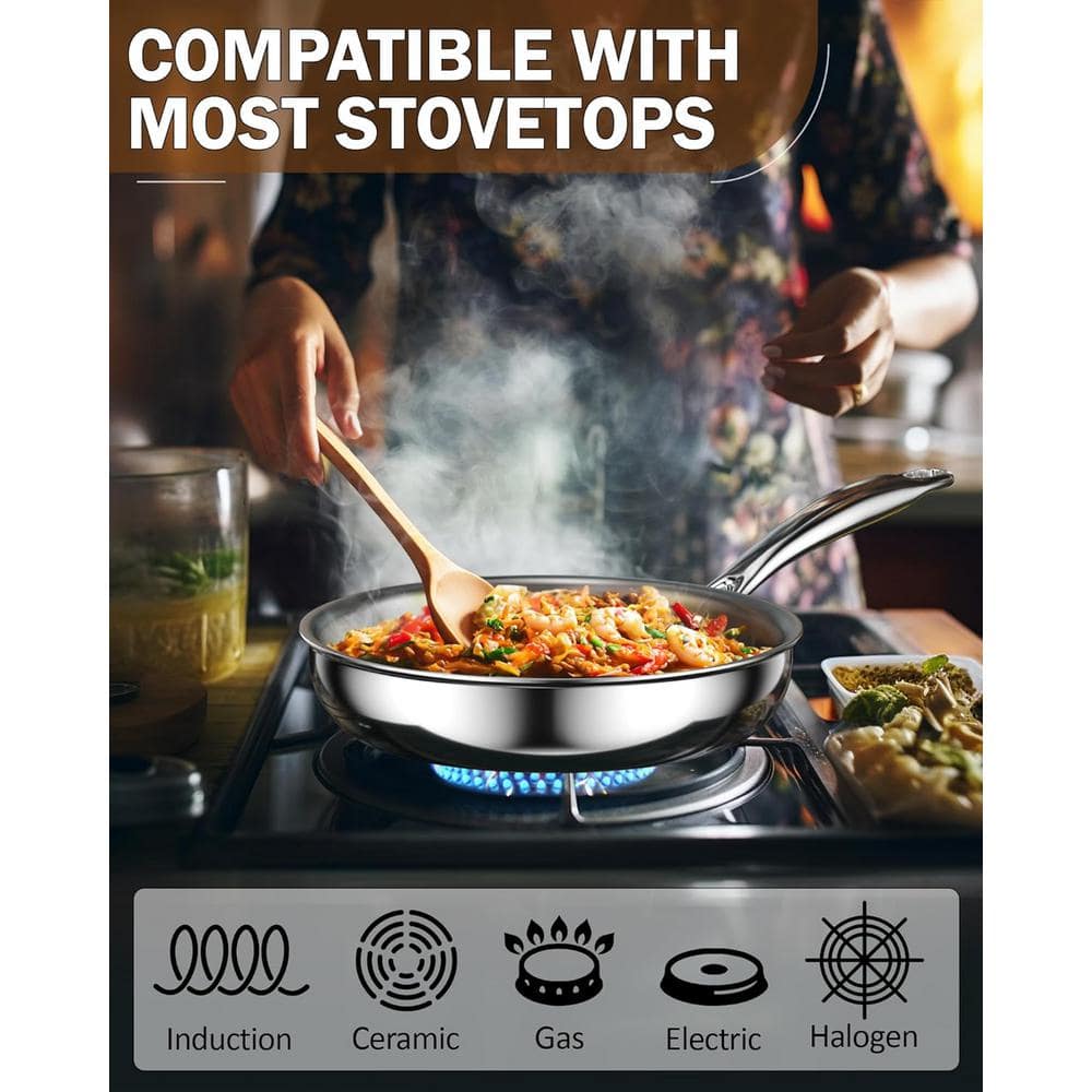 12 in. Tri-Ply All Clad 18/10 Stainless Steel Skillet Frying Pan, Dishwasher Safe, Silver - Hercitys