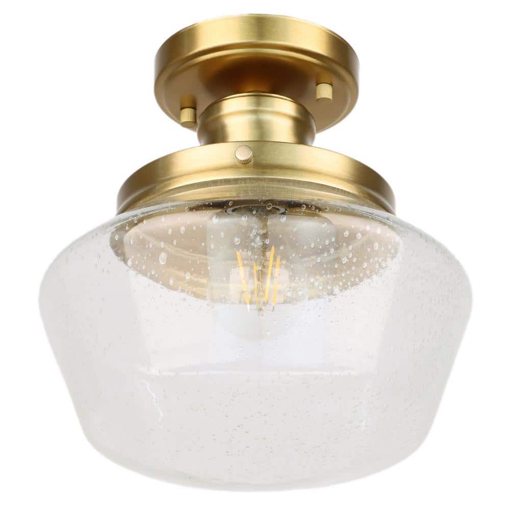 10 in. 1-Light Gold Semi Flush Mount Farmhouse Ceiling Light Fixture with Seeded Glass Shade E26 Bulb Base Ceiling Light - Hercitys