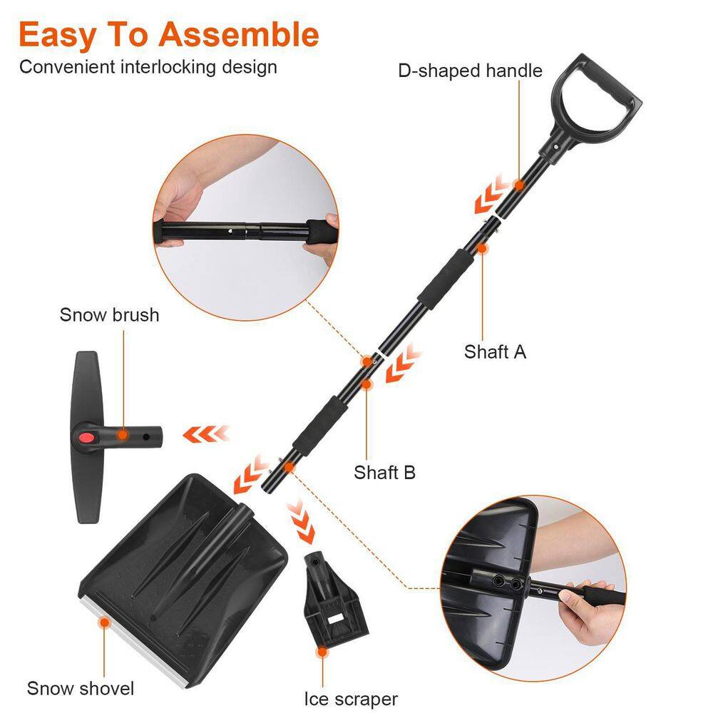 45.7 in. Metal Handle Steel 3-In-1 Snow Shovel Kit Brush Ice Scraper Collapsible Design Snow Removal - Hercitys