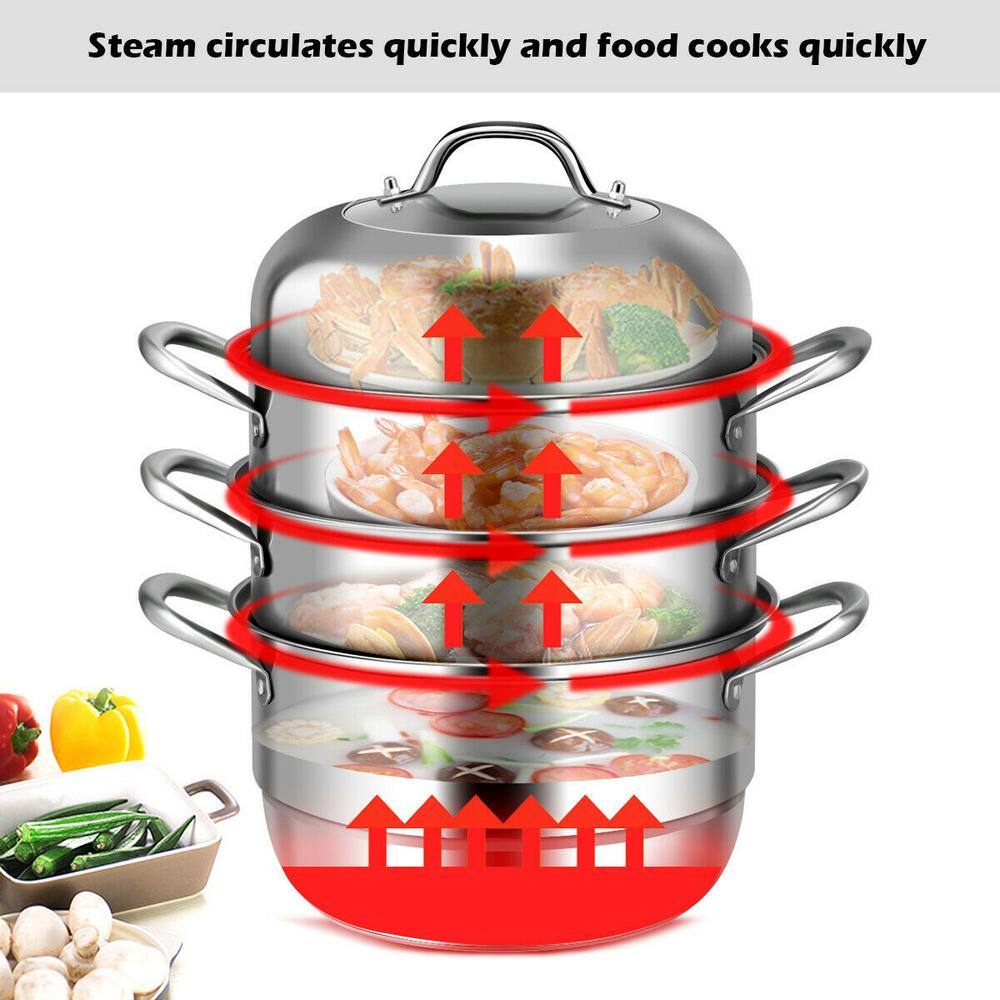 3-Tier 11.6 qt. Stainless Steel Steamer Insert Saucepot  Stock Pot with Lid, Safe Loop Handles - Hercitys