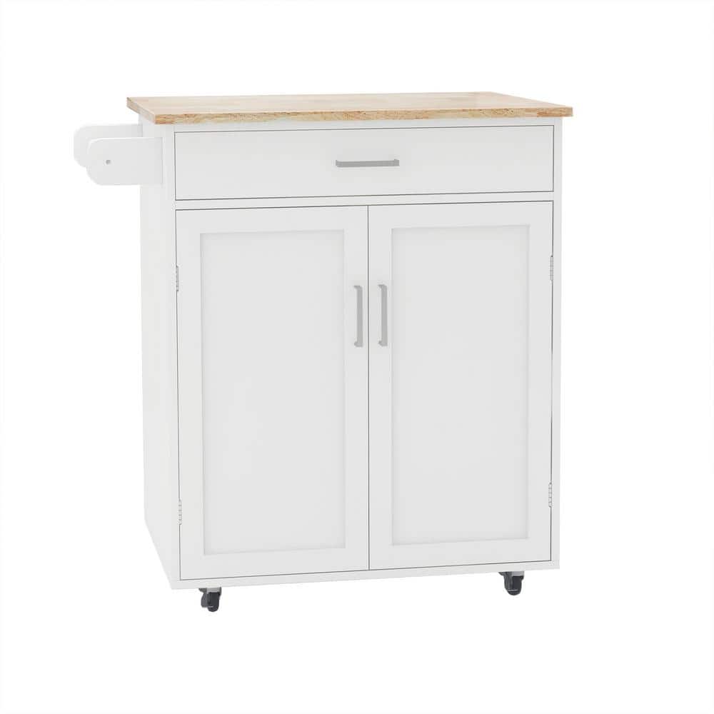 32.68 inch White Wood Kitchen Cart with Adjustable Shelves and Towel Rack Rubber Wood Table Top - Hercitys