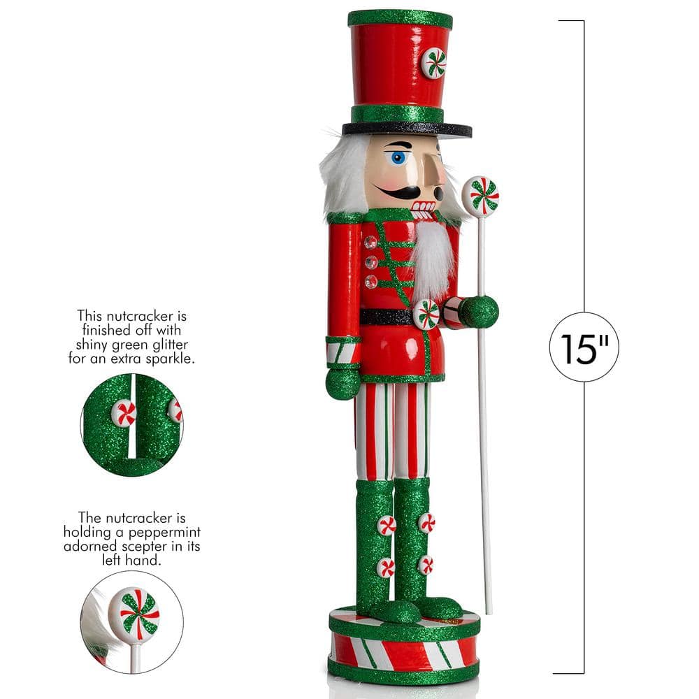 15 in. Wooden Peppermint Christmas Nutcracker -Red, White and Green Glitter Candy Holiday Nutcracker Toy Soldier - Hercitys