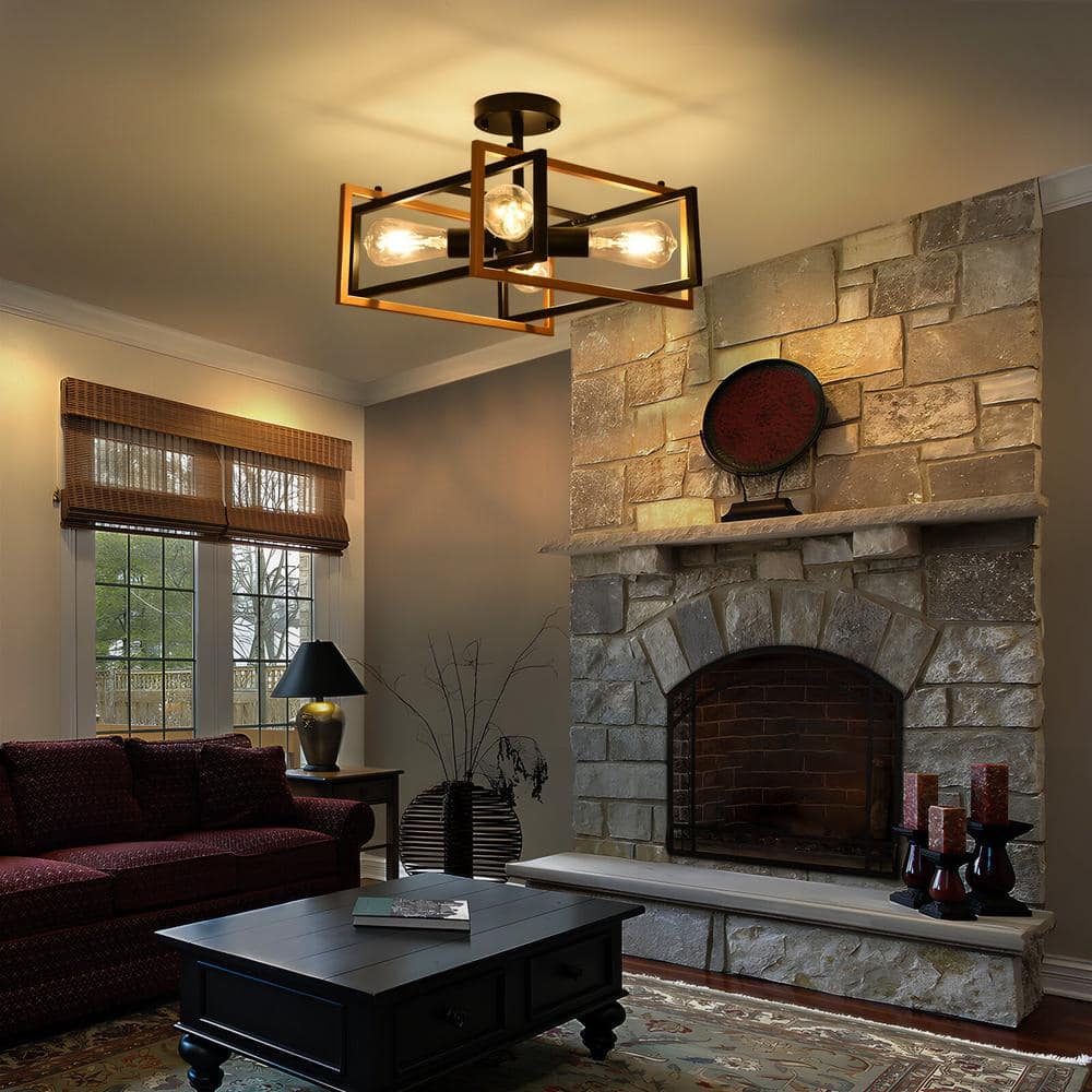 14.96 in. 4-Lights Black and Gold Industrial Square Frame Semi-Flush Mount Ceiling Light for Living Room and Study - Hercitys