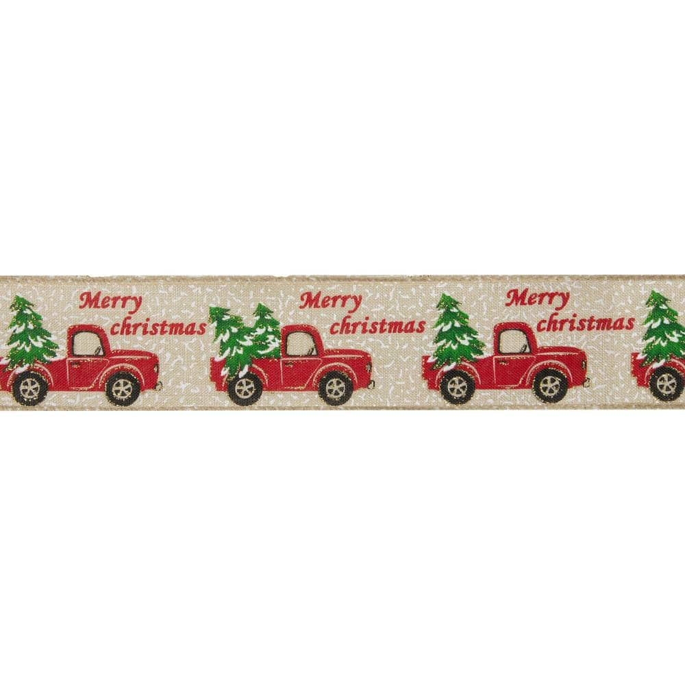 2.5 in. x 16 yds. Red Trucks and Christmas Tree Wired Craft Beige Ribbon - Hercitys