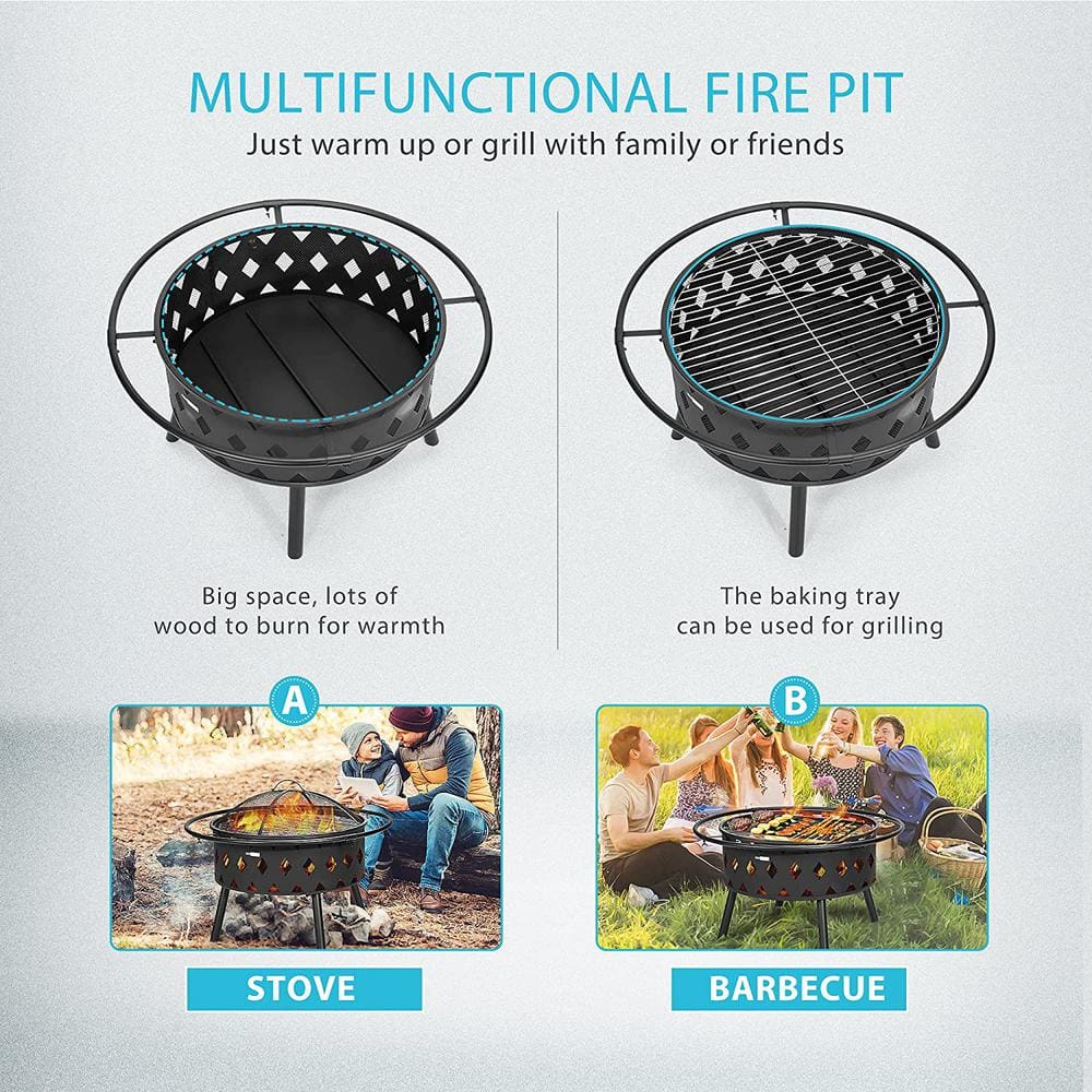 37.8 in. x 21.4 in. Round Iron Wood Fire Pit with Spark Screen, Round Grill Grid, Poker and Fireplace Cover (6-Piece) - Hercitys