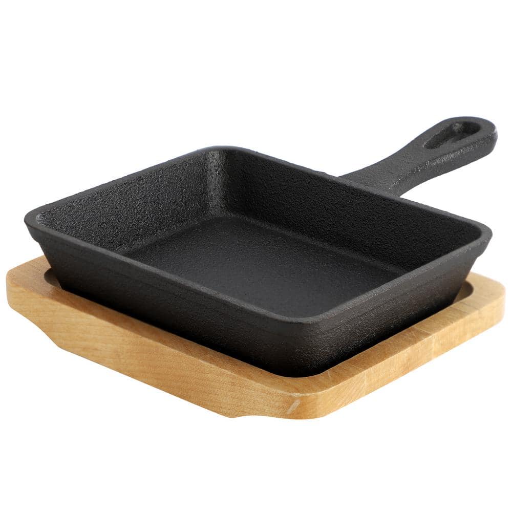 5 in. x 7 in. Mini Cast Iron Square Pan with Wood Tray - Hercitys