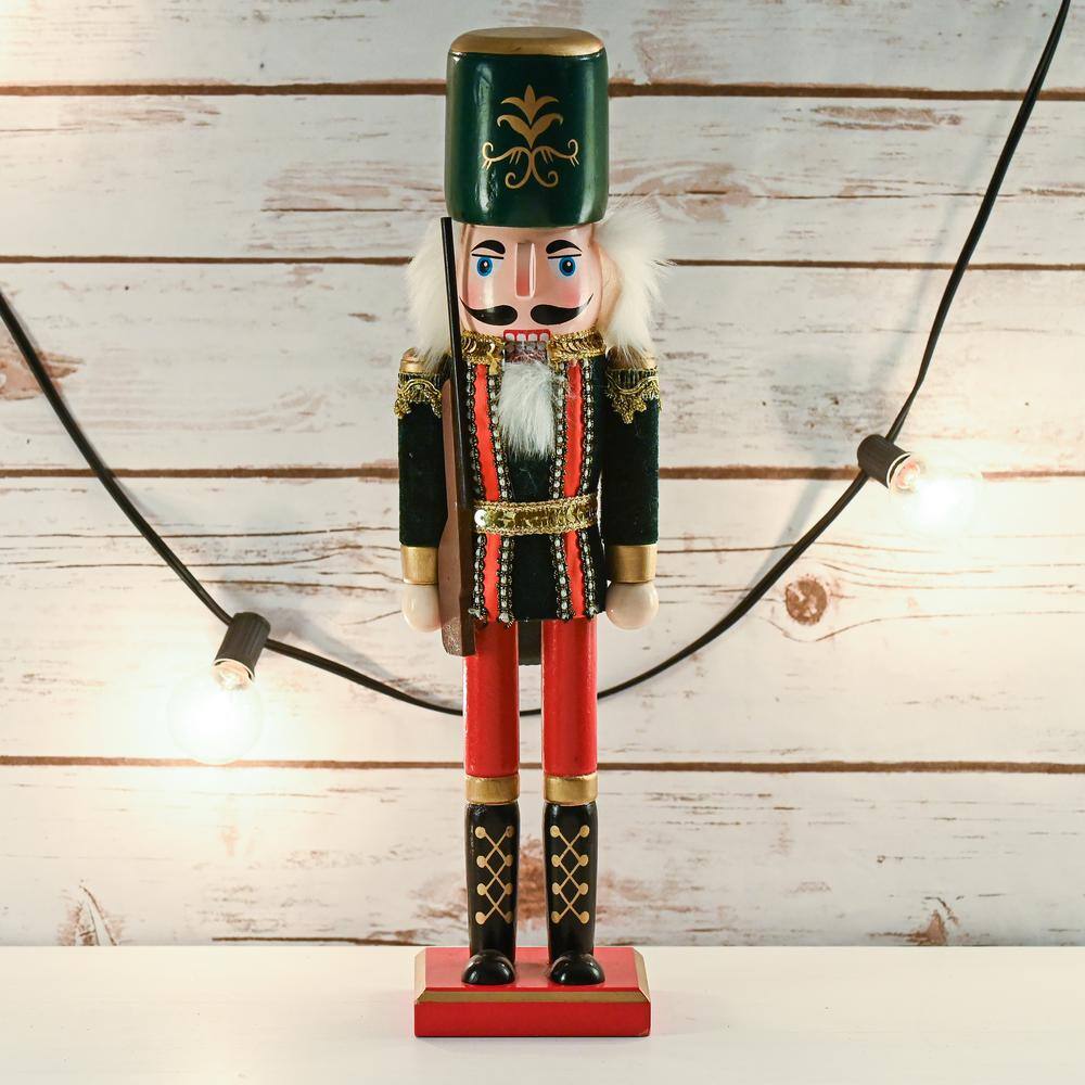 15 in. Wooden Christmas Toy Soldier Nutcracker-Red and Black Nutcracker Soldier with a Rifle Gun, Holiday Nutcracker - Hercitys