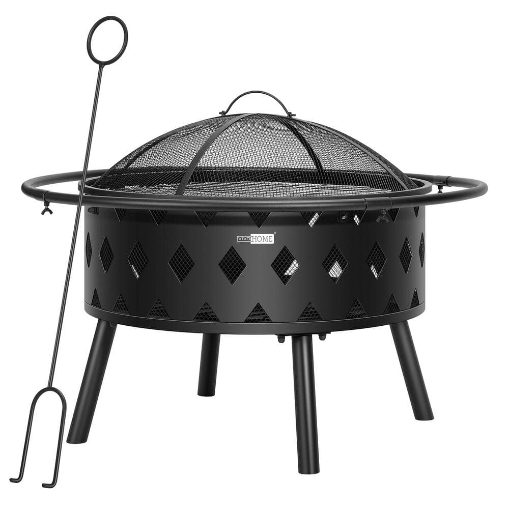 37.8 in. x 21.4 in. Round Iron Wood Fire Pit with Spark Screen, Round Grill Grid, Poker and Fireplace Cover (6-Piece) - Hercitys