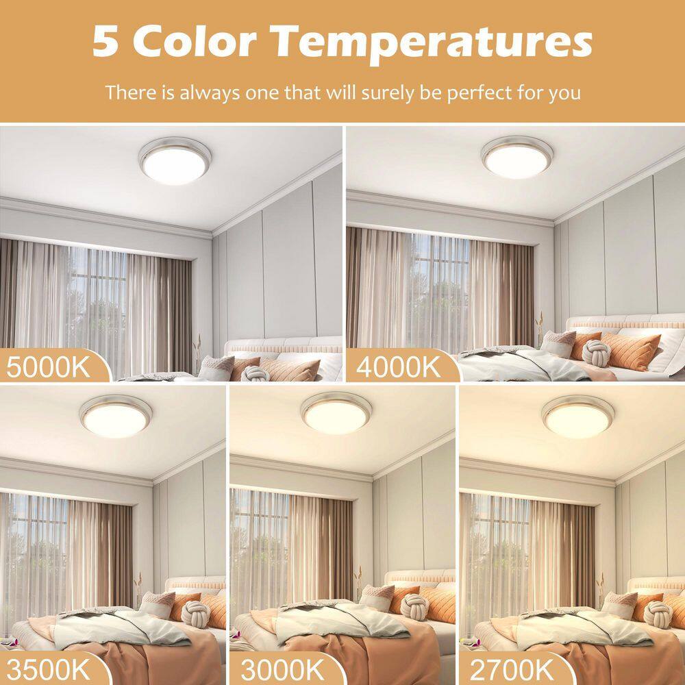 12.99 in. 1-Light Brushed Nickel Dimmable Selectable LED Ceiling Flush Mount (1-Pack) - Hercitys