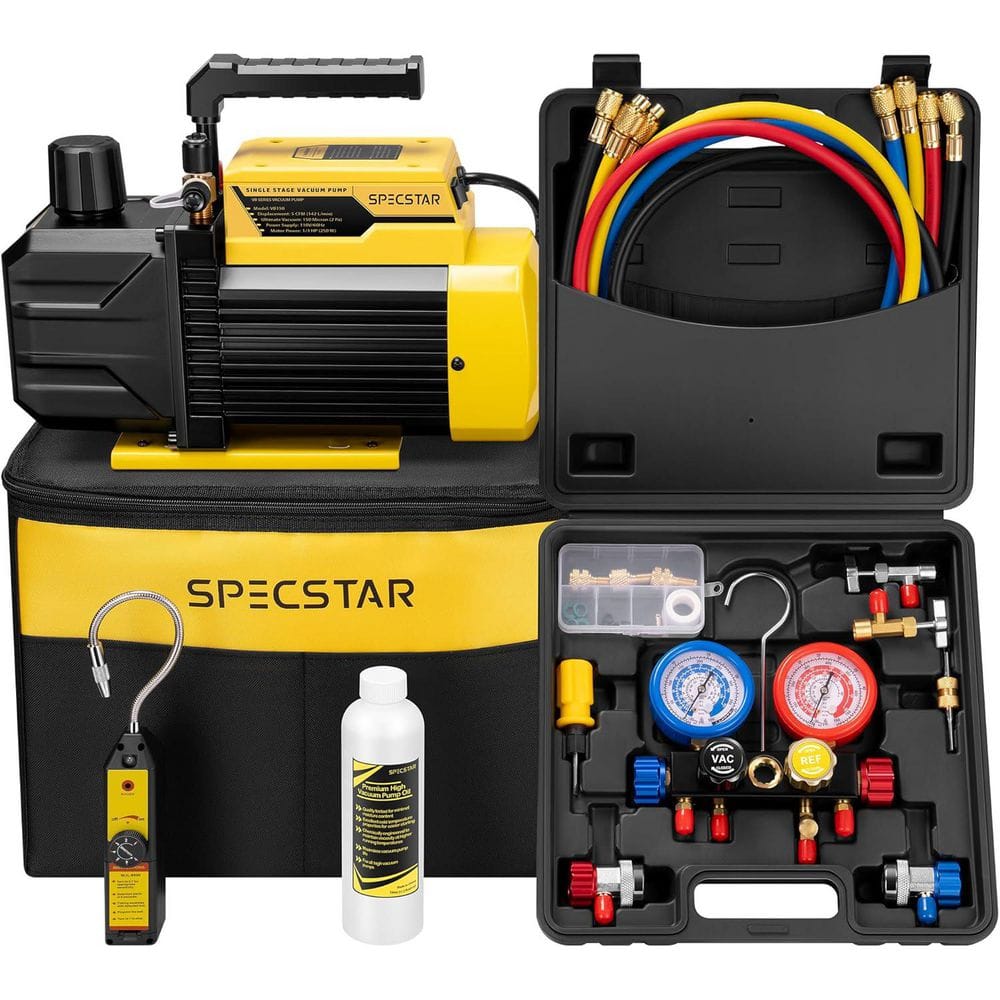 1/3 HP 5 CFM 1-Stage HVAC Vacuum Pump and 4 Way AC Manifold Gauge Set with Leak Detector - Hercitys