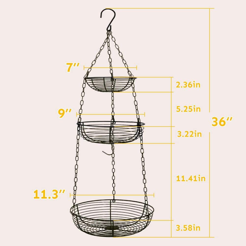 3-Tier 36 in. Wire Hanging Fruit Basket with Banana Hook and Installation Bracket for Kitchen - Hercitys