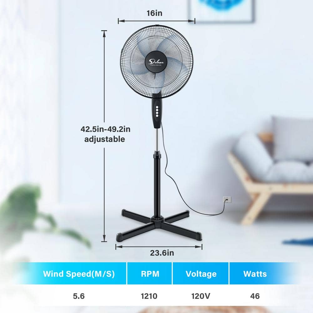 16 in. 3 fan speeds Pedestal Fan in Black with Adjustable Heights, 90 Degree Oscillation, Stable and Low Noise (2-Pack) - Hercitys
