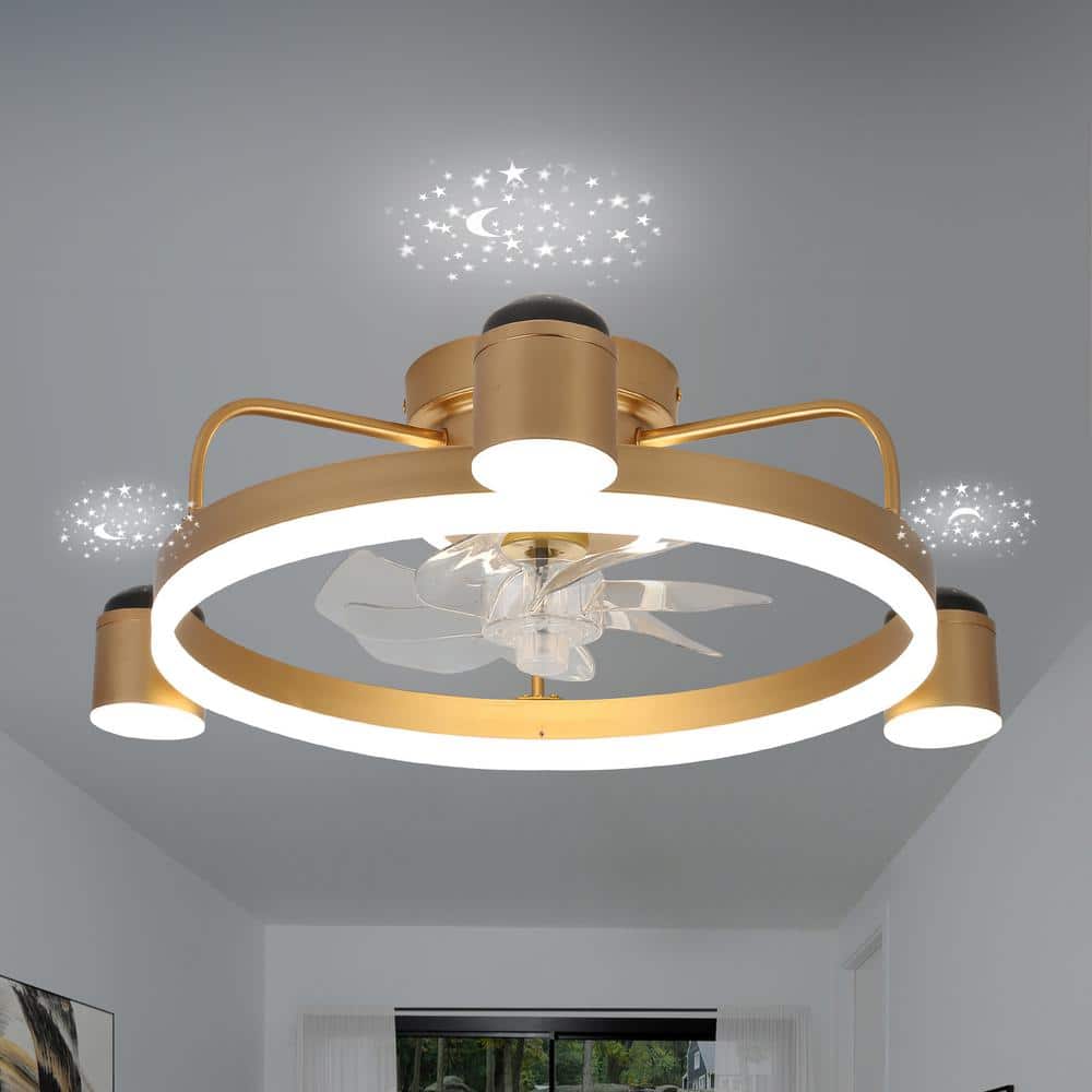 28 in. Integrated LED Indoor French Gold Starry Night Smart App Control Flush Mount Low Profile Ceiling Fan With Light - Hercitys