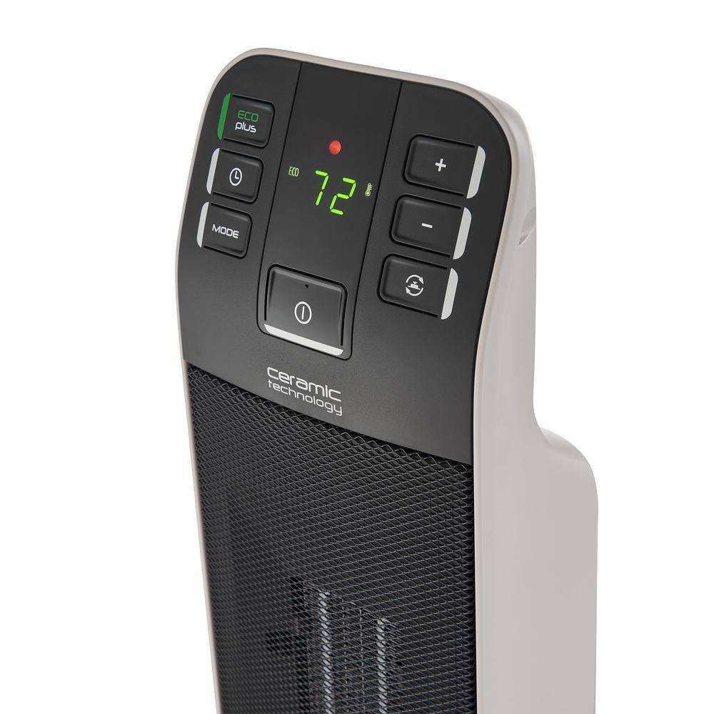 1500-Watt White/Gray Indoor 28 in. Electric Ceramic Tower Digital Heater with Oscillation and Remote Control - Hercitys