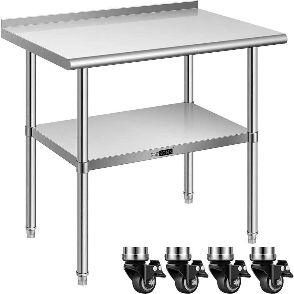 24 x 36 in. Stainless Steel Kitchen Utility Table with Backsplash and Wheels - Hercitys