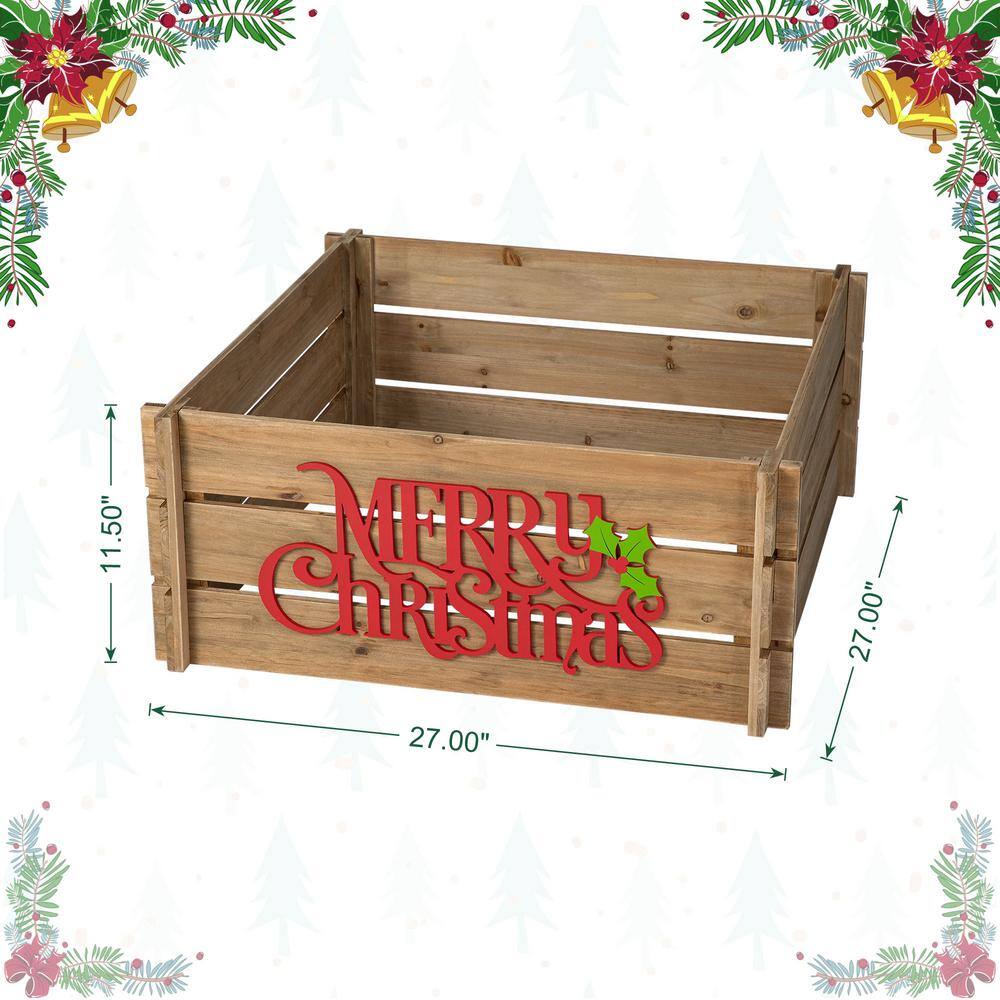 27 in. L Natural Wooden “MERRY CHRISTMAS” Solid Wood Crate Tree Collar - Hercitys