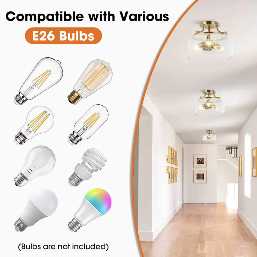 13 in. 3-Light Brass Gold Semi-Flush Mount Ceiling Light Fixture with Clear Glass Shade - Hercitys