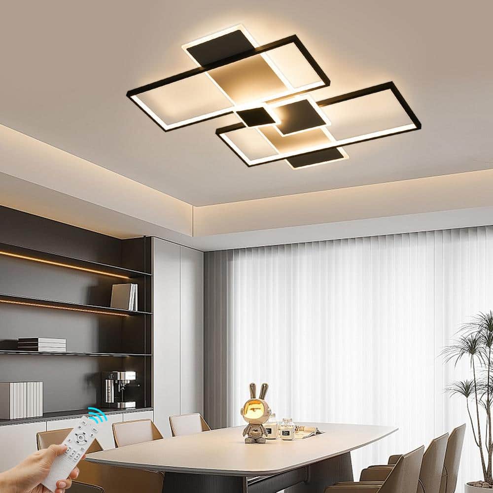 32.28 in. 5-Light Black and White Modern Rectangular Selectable LED Semi-Flush Mount Ceiling Light with Remote - Hercitys