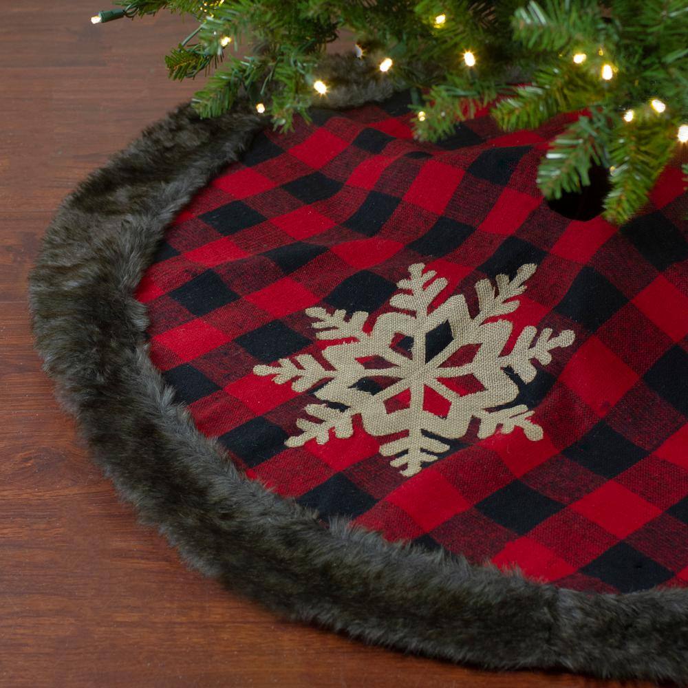 48 in. Red and Black Christmas Tree Skirt with Burlap Snowflake - Hercitys